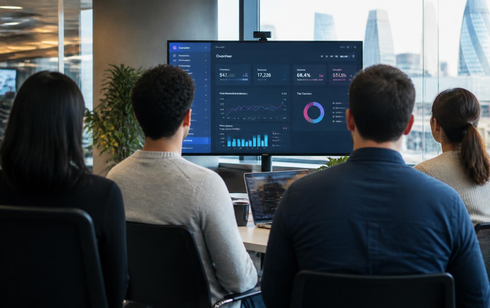 Team reviewing a software dashboard together