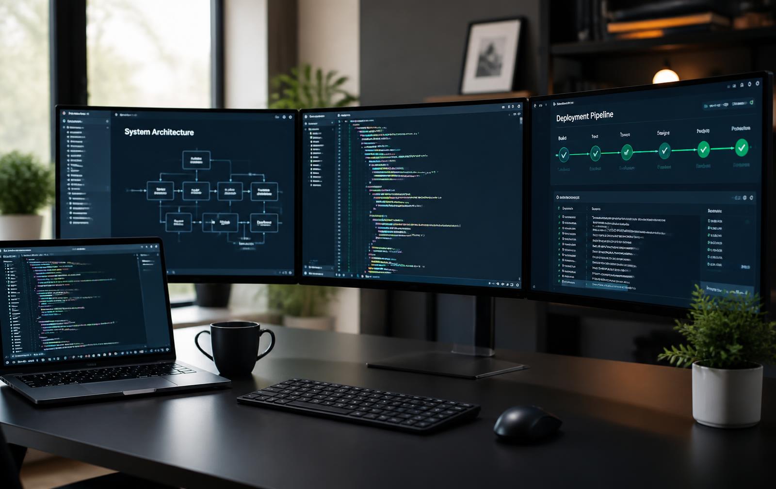 Engineering workspace with code and architecture monitors