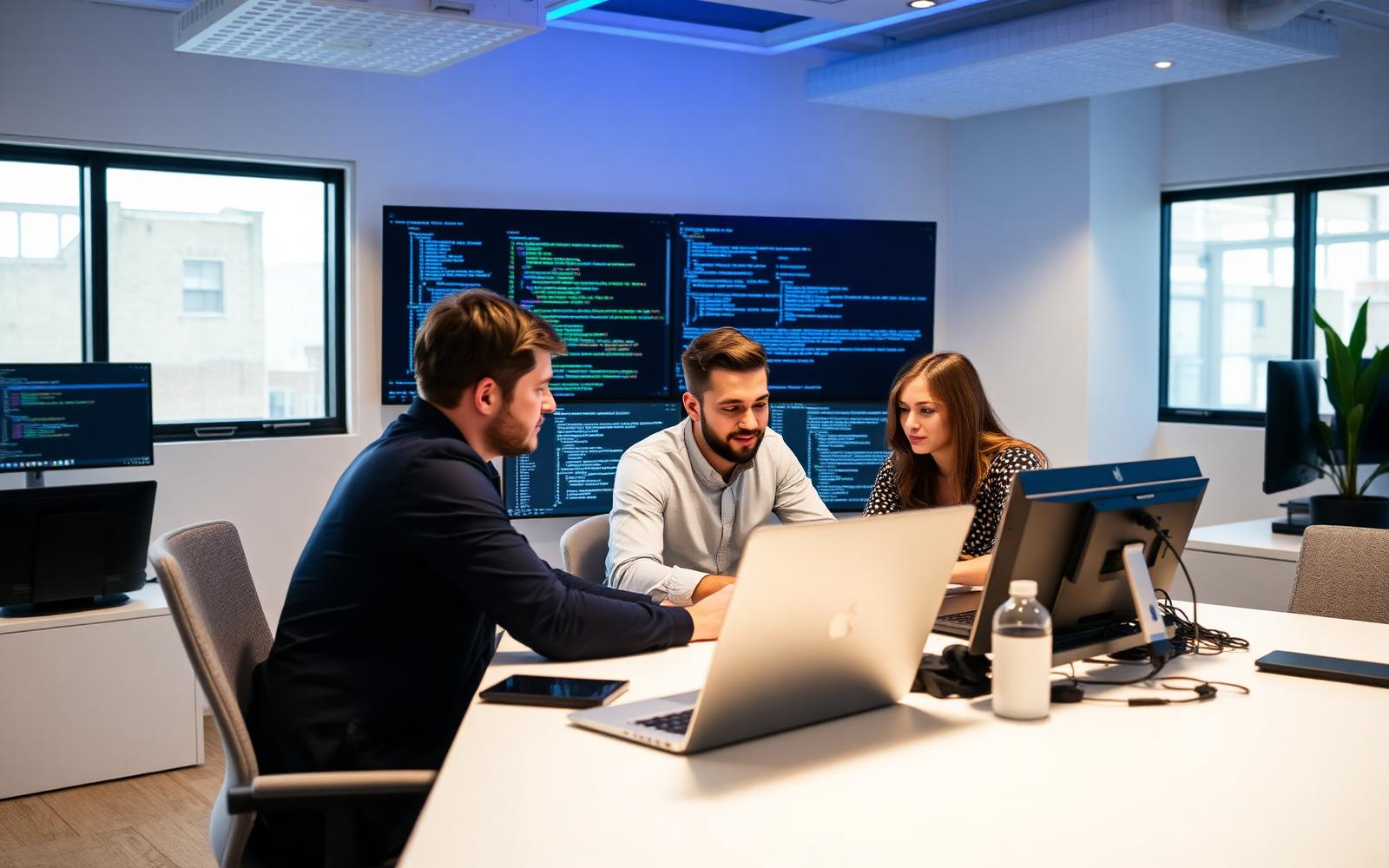 Software team working together in an office